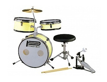 POWERBEAT YELLOW 3 PIECE JUNIOR DRUM KIT with STOOL + STICKS + CYMBAL