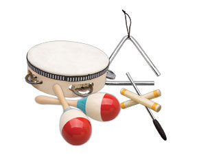 PERCUSSION SET by ASHTON PSET1 VARIOUS MUSICAL INSTRUMENTS TRIANGLE TAMBOURINE