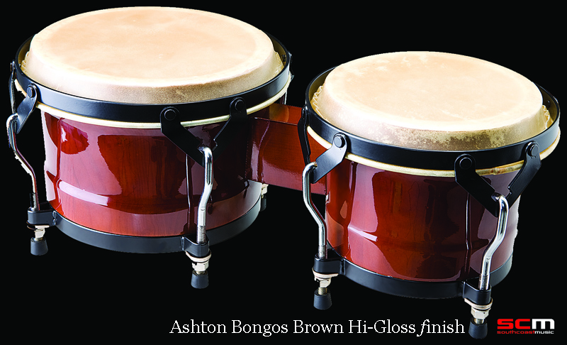 ASHTON CLASSIC BONGOS WITH CARRY BAG BROWN HIGH GLOSS TUNEABLE HIDE HEADS