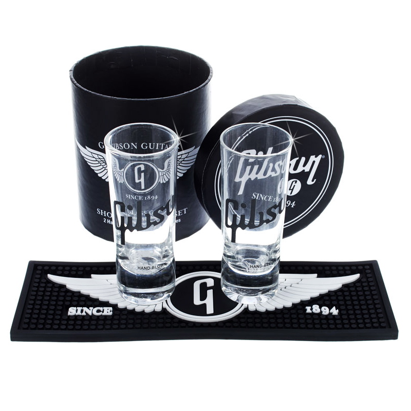 Genuine Gibson Shot Glass & Bar Mat Set 2 x Hand Blown Glasses