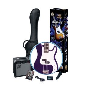 PURPLE ELECTRIC BASS GUITAR & AMPLIFIER PACKAGE ESSEX + BAG STRAP TUNER LEAD DVD