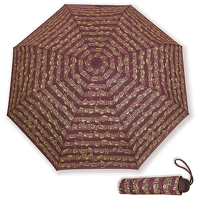 MINI TRAVEL UMBRELLA Burgundy SHEET MUSIC MUSICAL NOTES with EASY CARRY POUCH