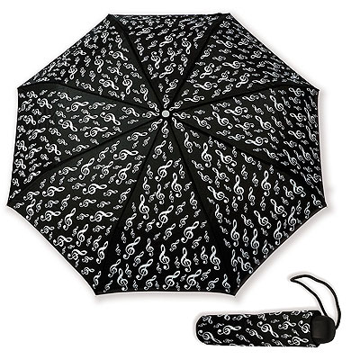 MINI TRAVEL UMBRELLA Black TREBLE CLEF MUSICAL NOTES with EASY CARRY POUCH