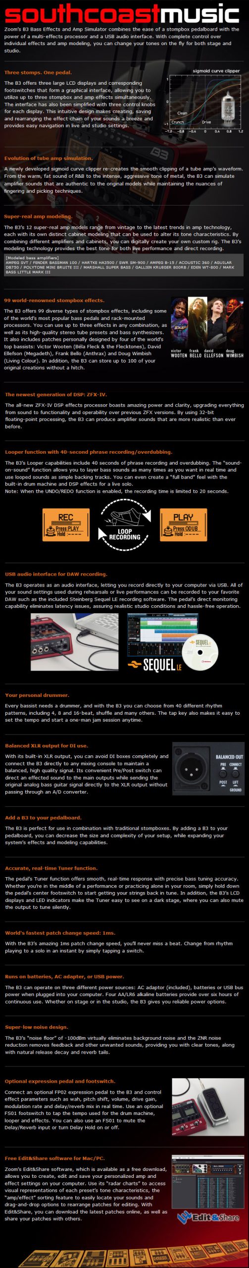 ZOOM B3 BASS GUITAR MULTI FX PEDAL & USB AUDIO INTERFACE