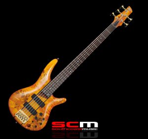 Ibanez SR805AM SR Sound Gear Series Five String Bass Guitar Amazing Poplar Burl Top Trans-Amber finish