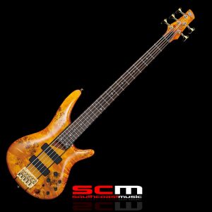 Ibanez SR805AM SR Sound Gear Series Five String Bass Guitar Amazing Poplar Burl Top Trans-Amber finish