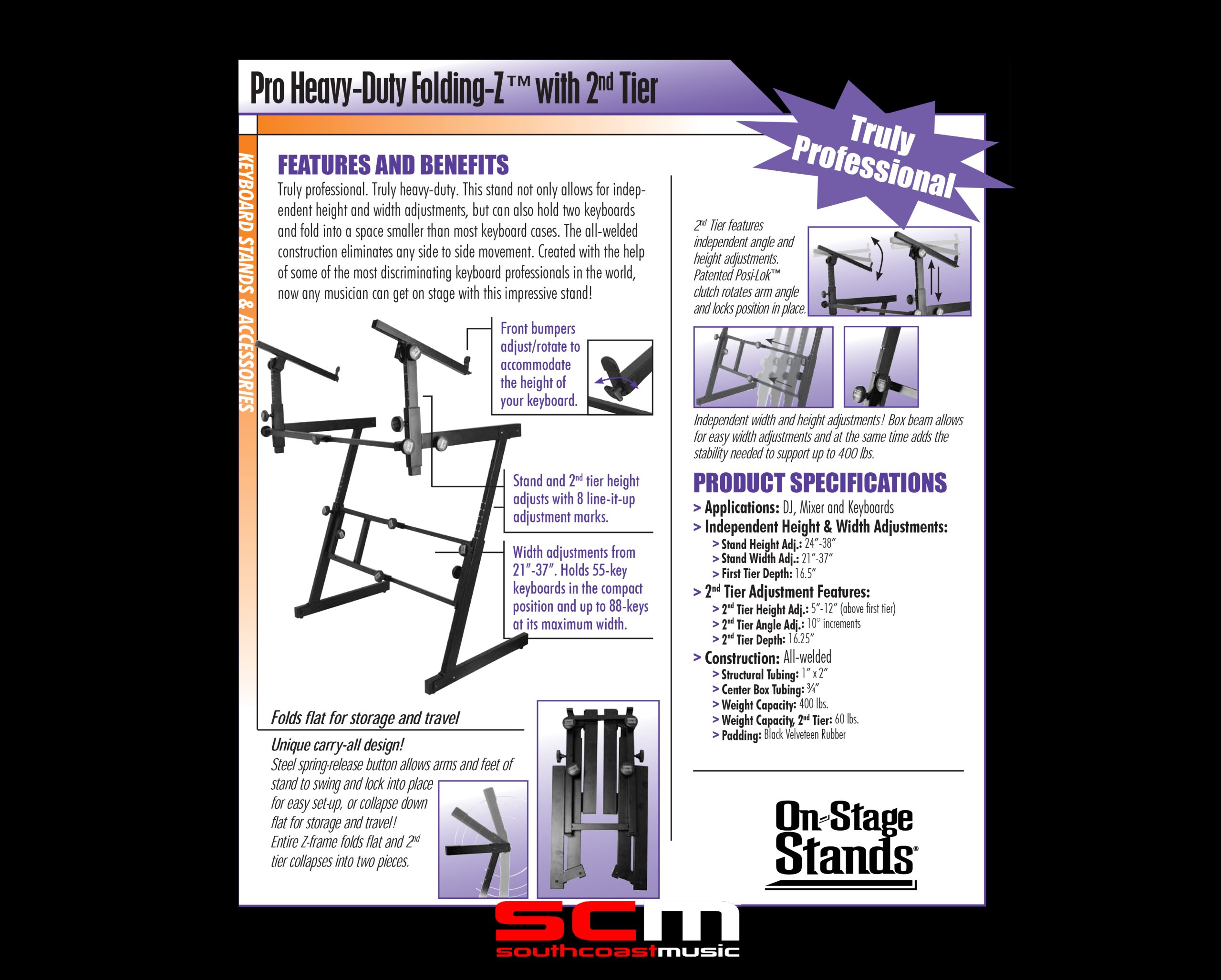 Professional Heavy Duty Folding-Z Keyboard Stand with 2nd Tier