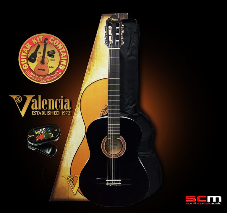 Valencia VC154KBK 4/4 Full Size Classical Guitar with Gig Bag, Clipon Tuner and online lessons