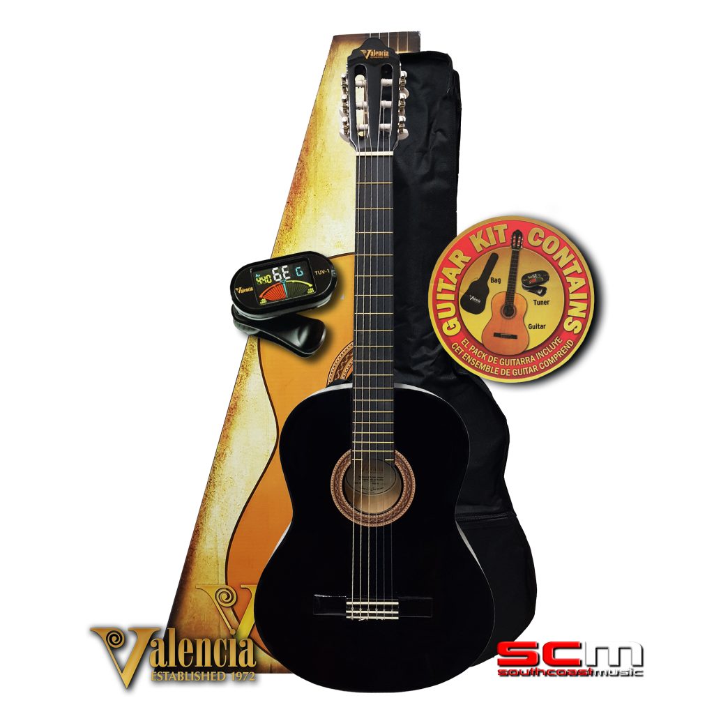 Valencia VC154KBK 4/4 Full Size Classical Guitar with Gig Bag & Clipon Tuner Black Gloss Finish