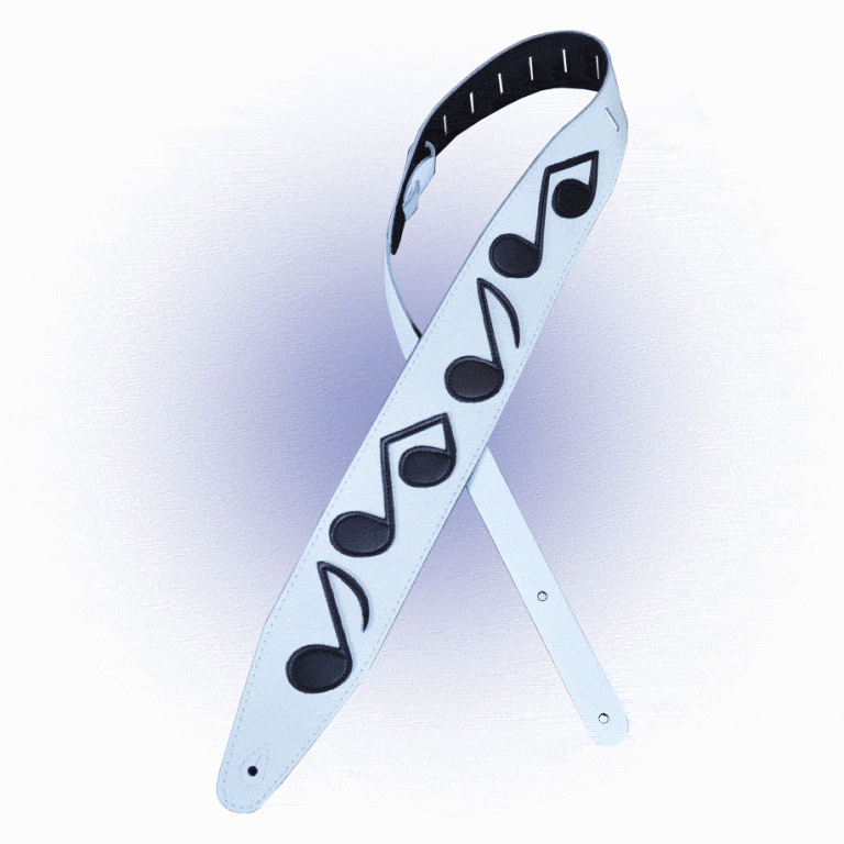 SRV 25WH Leather Guitar Strap 2.5" White Leather with Black Notes Made